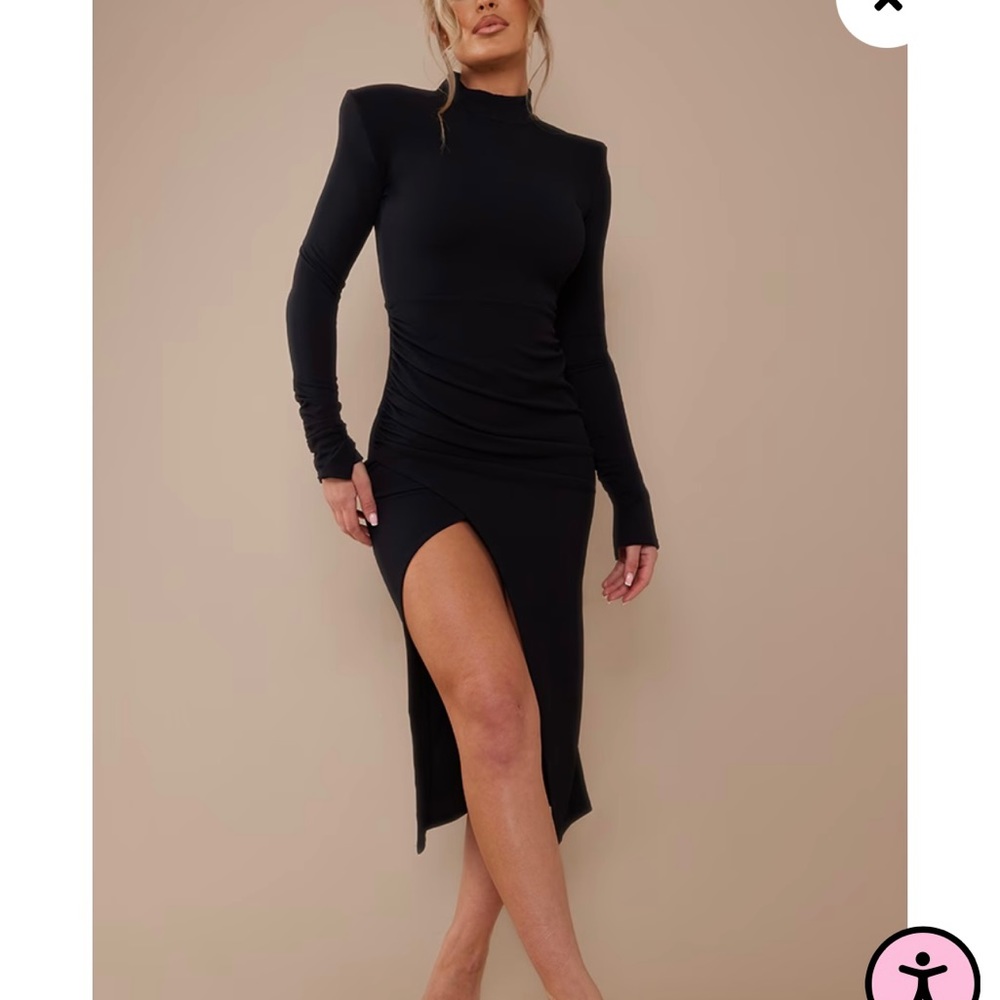 Black Crepe High Neck Split Sleeve Midi Dress